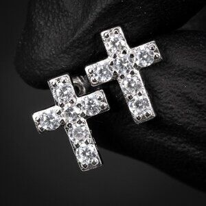Mens Solitaire White Gold Sterling Silver Iced Cross Stud Screw Back Earrings